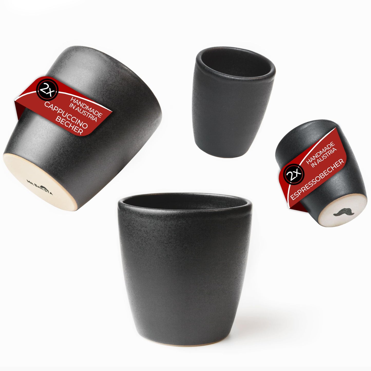 Set of 4 stoneware mugs - handmade in Austria - 2x 80ml & 2x 300ml mugs - matt black