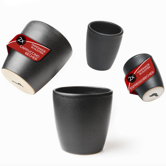 Set of 4 stoneware mugs - handmade in Austria - 2x 80ml & 2x 300ml mugs - matt black