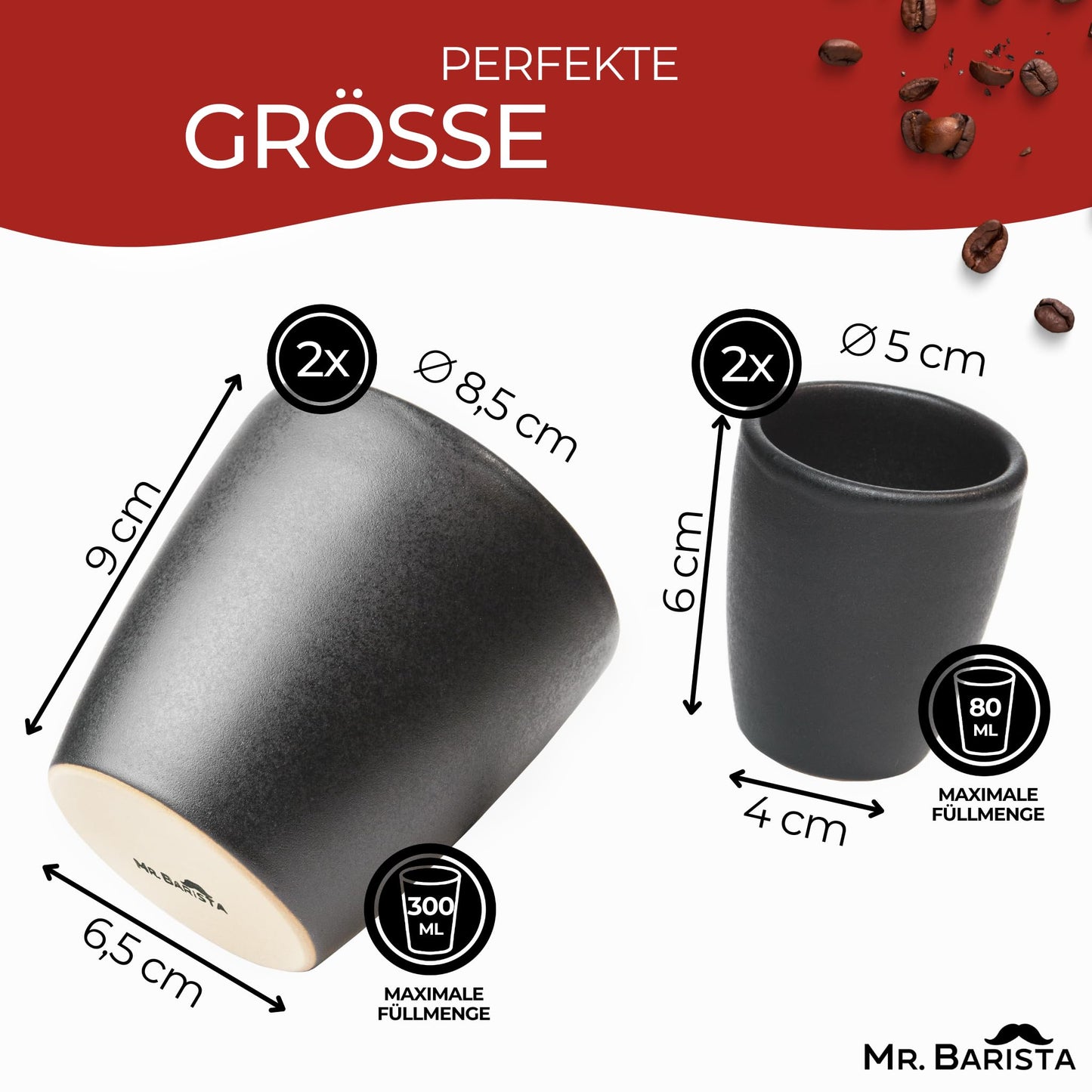 Set of 4 stoneware mugs - handmade in Austria - 2x 80ml & 2x 300ml mugs - matt black