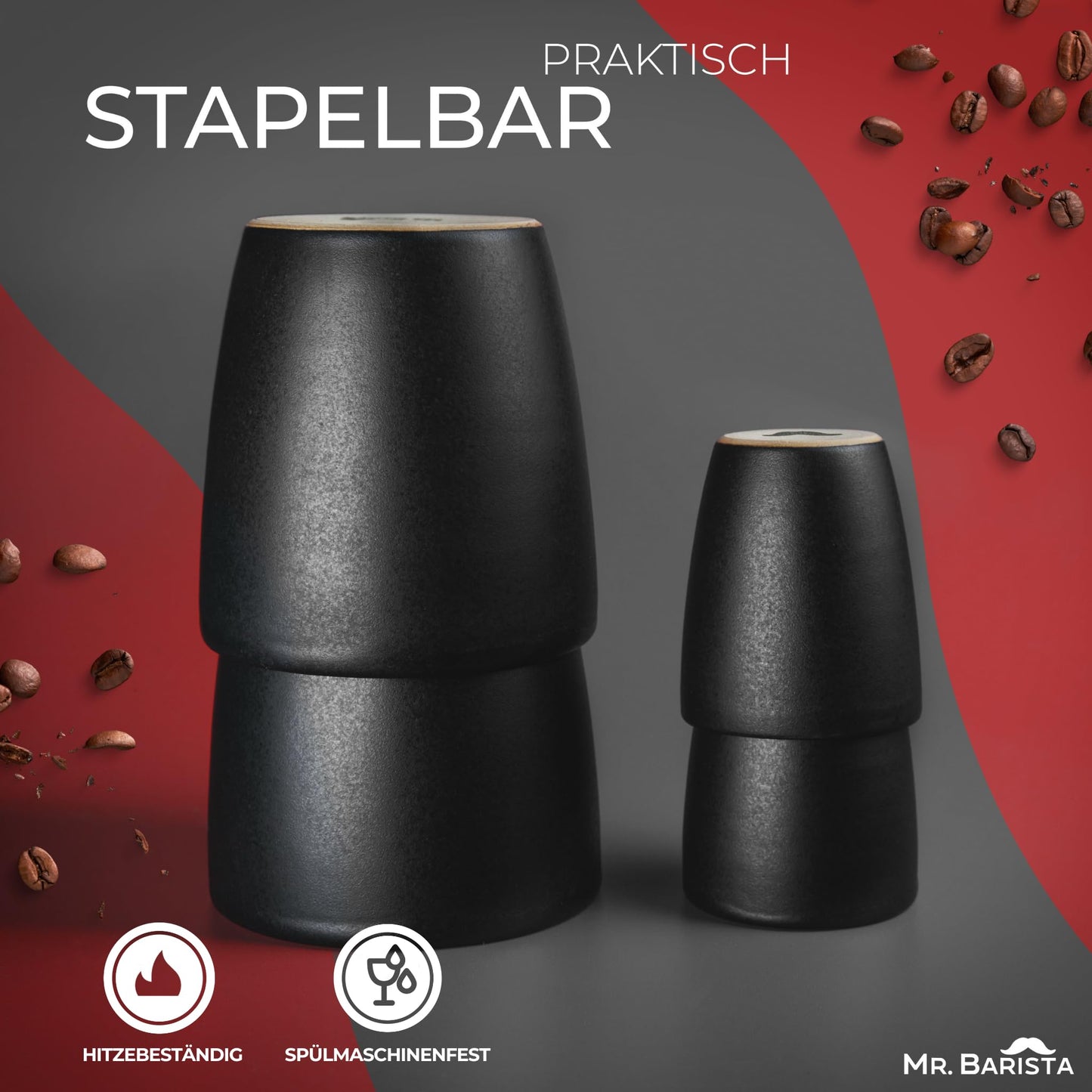 Set of 4 stoneware mugs - handmade in Austria - 2x 80ml & 2x 300ml mugs - matt black