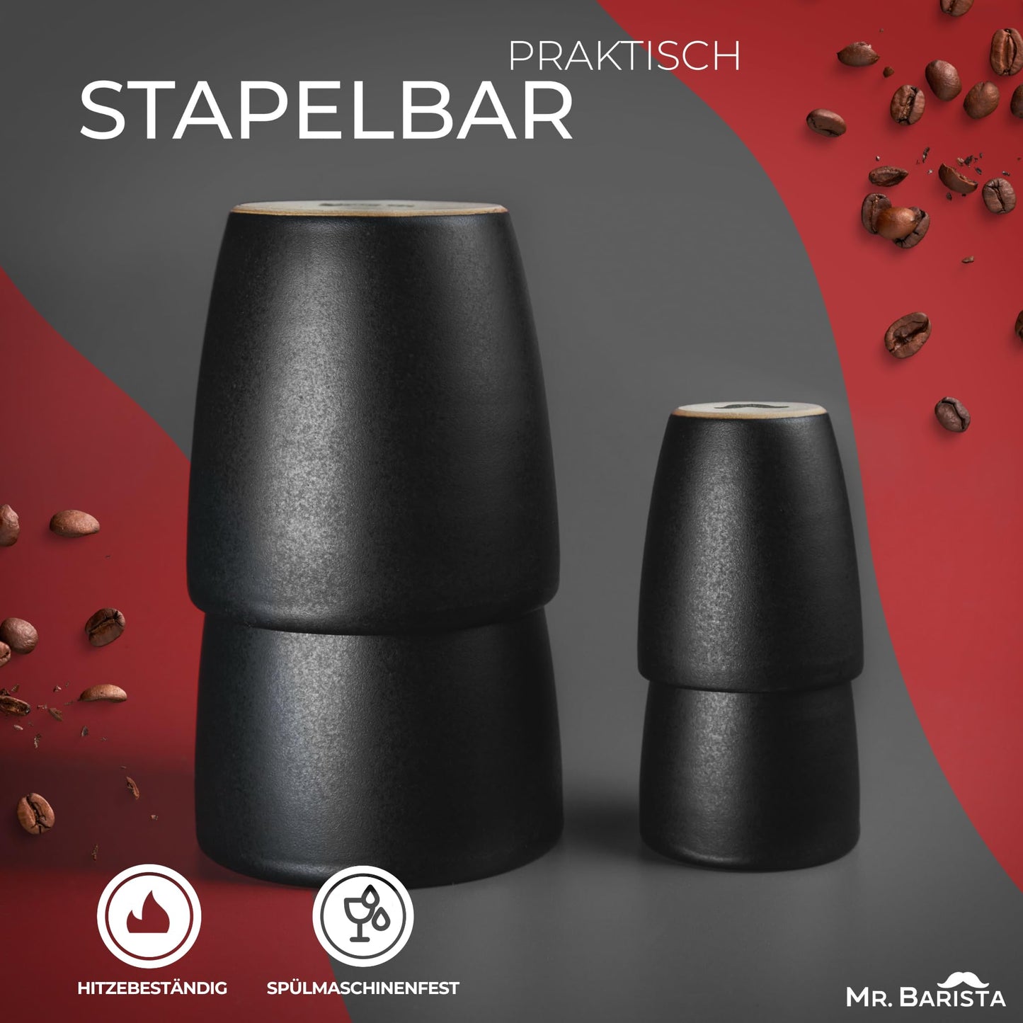 4er Set Steinzeug Becher - handmade in Austria - 2x 80ml & 2x 300ml Becher - schwarz matt